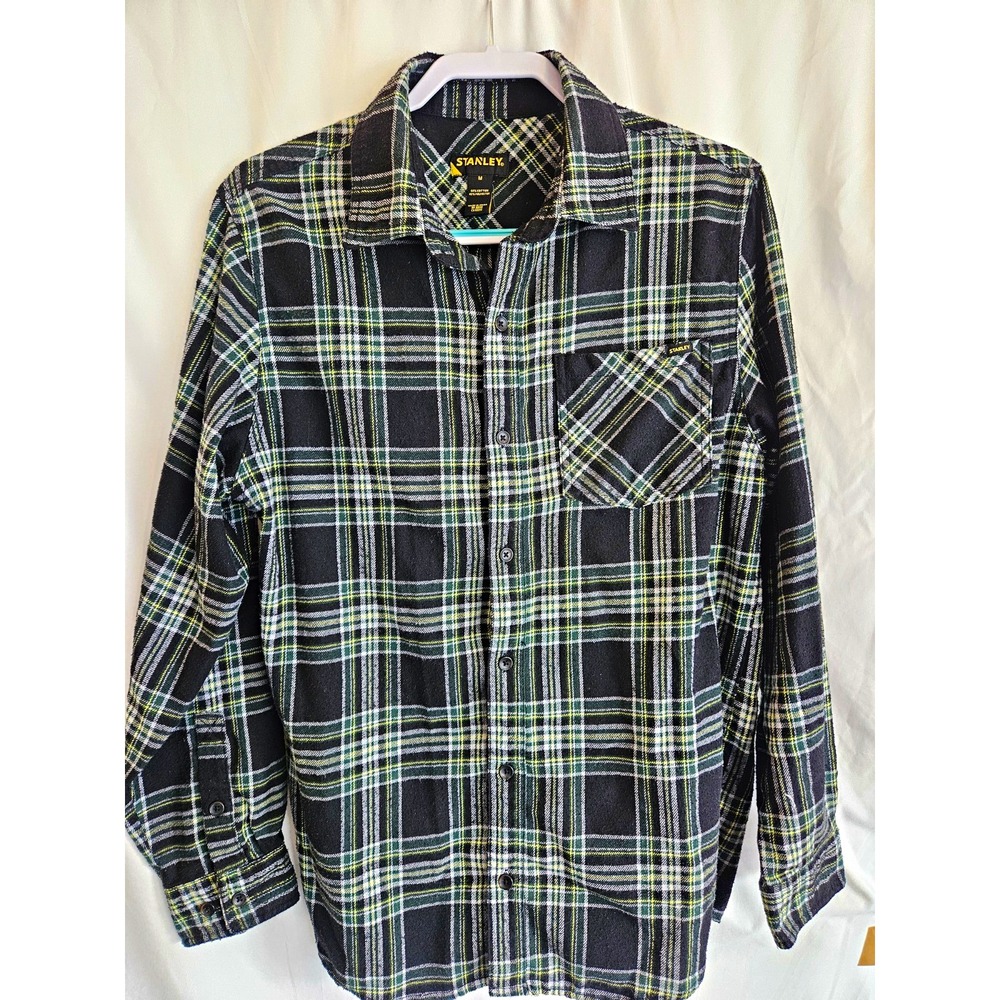 Stanley Men's M Plaid Flannel Button-Up Long Sleeve Shirt Pockets Black Green
